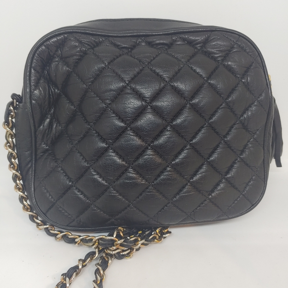 Vtg Black Quilted Italian Leather Shoulder Purse Gold Chain Strap